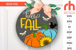 hello fall svg, autumn hanger svg, floral door sign svg, laser cut file, layered fall sign svg, welcome sign svg, pumpkin silhouette, harvest sign svg, thanksgiving sign svg, sunflower sign svg, round hanging sign svg, glowforge cut file, cricut cut file