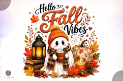 Hello Fall Ghost Pumpkin and Coffee PNG,Fall Pumpkin PNG Product Image 1