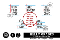 Set of five &#039;Hello Grade&#039; SVG designs from First to Fifth Grade, displayed on a white background in lined notebook style for back-to-school crafts and printing.