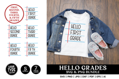 Back-to-school Hello Grades SVG and PNG bundle featuring first to fifth grade text in a notebook style, ideal for kids&#039; shirts and classroom crafts.