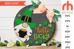 hello lucky svg, st patrick's day svg, gnome hanger svg, welcome sign svg, st patrick's circle svg, gnome pot of gold svg, round hanging sign svg, laser cut file, layered door sign svg, irish sign svg, seasonal door svg, porch sign svg, outdoor sign svg