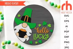 hello lucky svg, st patrick's day svg, gnome hanger svg, welcome sign svg, st patrick's circle svg, gnome pot of gold svg, round hanging sign svg, laser cut file, layered door sign svg, irish sign svg, seasonal door svg, porch sign svg, outdoor sign svg