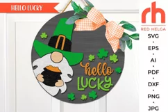 hello lucky svg, st patrick's day svg, gnome hanger svg, welcome sign svg, st patrick's circle svg, gnome pot of gold svg, round hanging sign svg, laser cut file, layered door sign svg, irish sign svg, seasonal door svg, porch sign svg, outdoor sign svg