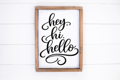 Modern farmhouse hello SVG with stacked greeting words hey hi hello in bold script lettering and swirl flourishes, ideal for DIY entryway signs, porch signs, laser cut wood decor and vinyl crafts.