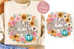Hello Pumpkin PNG, Watercolor Fall Floral Wreath Sublimation Product Image 1
