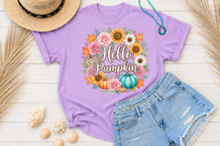 Hello Pumpkin PNG, Watercolor Fall Floral Wreath Sublimation Product Image 2
