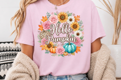 Hello Pumpkin PNG, Watercolor Fall Floral Wreath Sublimation Product Image 3