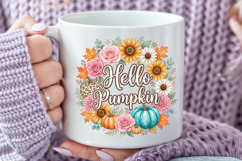 Hello Pumpkin PNG, Watercolor Fall Floral Wreath Sublimation Product Image 4