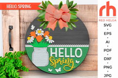 hello spring svg, jar silhouette, flower hanger dxf, floral welcome sign svg, spring door sign svg, round hanging sign svg, laser cut file, layered sign svg, cricut cut file, daisy sign svg, farm easter svg, countryside sign svg, seasonal circle svg