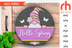 hello spring svg, peeking gnome svg, gnome hanger svg, spring door sign svg, welcome sign svg, seasonal door sign svg, round hanging sign svg, laser cut file, layered sign svg, glowforge cut file, cricut cut file, porch sign svg, front sign svg