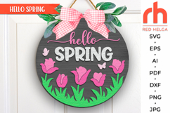 hello spring svg, tulip silhouette, flower hanger dxf, floral welcome sign svg, spring door sign svg, round hanging sign svg, laser cut file, layered sign svg, cricut cut file, garden decor, farm easter svg, countryside sign svg, seasonal circle svg