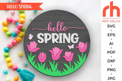 hello spring svg, tulip silhouette, flower hanger dxf, floral welcome sign svg, spring door sign svg, round hanging sign svg, laser cut file, layered sign svg, cricut cut file, garden decor, farm easter svg, countryside sign svg, seasonal circle svg