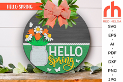 hello spring svg, jar silhouette, flower hanger dxf, floral welcome sign svg, spring door sign svg, round hanging sign svg, laser cut file, layered sign svg, cricut cut file, daisy sign svg, farm easter svg, countryside sign svg, seasonal circle svg