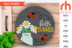 hello summer svg, ladybug daisy sign svg, ladybug hanger svg, cute lady bug svg, welcome sign svg, wood sign dxf, summer door svg, round hanging sign svg, laser cut file, layered sign svg, farm sign svg, seasonal sign svg, countryside sign, backyard sign