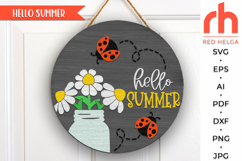 hello summer svg, ladybug daisy sign svg, ladybug hanger svg, cute lady bug svg, welcome sign svg, wood sign dxf, summer door svg, round hanging sign svg, laser cut file, layered sign svg, farm sign svg, seasonal sign svg, countryside sign, backyard sign