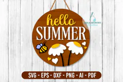 Bee and Flower Hello Summer Round Sign Laser Cut SVG Design Product Image 1