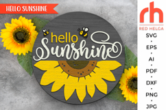 hello sunshine svg, sunflower door hanger, summer round sign, layered sunflower sign, glowforge laser file, welcome sign svg, bee svg design, farmhouse hanger svg, floral door sign cut file, summer porch decor, yard sign svg, flower silhouette svg