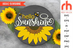 hello sunshine svg, sunflower door hanger, summer round sign, layered sunflower sign, glowforge laser file, welcome sign svg, bee svg design, farmhouse hanger svg, floral door sign cut file, summer porch decor, yard sign svg, flower silhouette svg