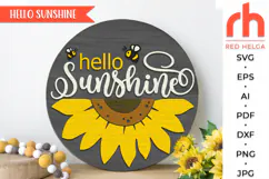 hello sunshine svg, sunflower door hanger, summer round sign, layered sunflower sign, glowforge laser file, welcome sign svg, bee svg design, farmhouse hanger svg, floral door sign cut file, summer porch decor, yard sign svg, flower silhouette svg