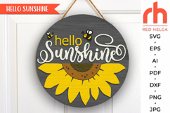 hello sunshine svg, sunflower door hanger, summer round sign, layered sunflower sign, glowforge laser file, welcome sign svg, bee svg design, farmhouse hanger svg, floral door sign cut file, summer porch decor, yard sign svg, flower silhouette svg