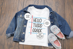 White t-shirt with &quot;Hello Third Grade&quot; notebook-style design, ideal for back to school, includes SVG, PNG, JPEG vector files, displayed with denim jacket and shoes.
