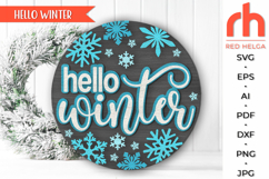 hello winter svg, christmas hanger svg, xmas door sign svg, laser cut file, layered xmas sign svg, winter welcome sign svg, snowflake silhouette, round hanging sign, glowforge cut file, cricut cut file, backyard sign svg, patio sign svg, winter sign svg