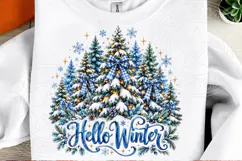 Hello Winter Blue Christmas Tree & Gingham Bow PNG Product Image 5