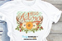 Hello Autumn Sublimation Design PNG | Fall Leaves Antlers Product Image 1
