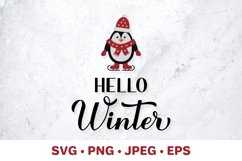 Hello Winter SVG. Winter quote. Cute penguin on skates Product Image 1