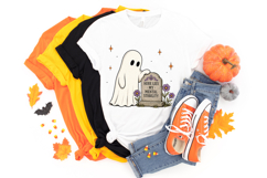 Halloween ghost artwork combining cute spooky aesthetics with humorous sarcasm through a tombstone-themed design.