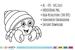 Summer crab digital stamp set for cardmaking scrapbooking and coloring