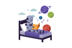 Robot reading book in bed with colorful planets floating abo Product Image 1
