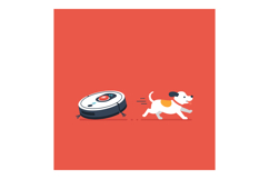 Small dog running from robotic vacuum cleaner on red backgro Product Image 1