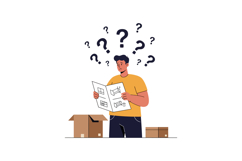 Confused man reading instruction manual surrounded by questi Product Image 1