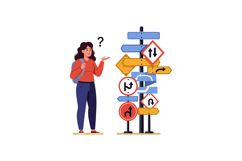 Confused woman standing near various traffic signs and blank Product Image 1