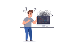 Confused programmer looking at tangled code on computer scre Product Image 1