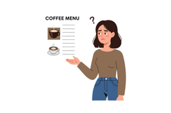 Woman confused by coffee menu with steaming cups illustratio Product Image 1