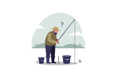 Man fishing with rod and buckets in nature scene with questi Product Image 1
