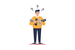 Confused man holding multiple remote controls with question Product Image 1