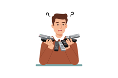 Confused man holding multiple remote controls struggling to Product Image 1