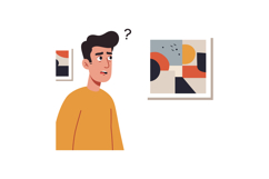 Man confused by modern abstract art in orange sweater vector Product Image 1