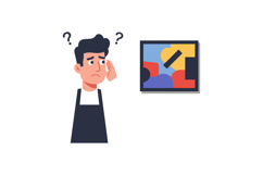 Confused man looking at abstract painting questioning art me Product Image 1