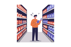 Man Comparing Products on Store Shelves Vector Illustration Product Image 1