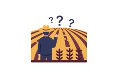 Farmer standing in field with question marks above agricultu Product Image 1