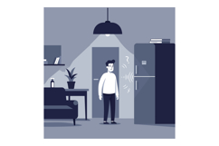 Man confused by refrigerator sound in modern home interior i Product Image 1