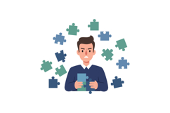 Man with puzzle pieces expressing frustration and concentrat Product Image 1