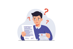 Confused man reading contract with question marks and docume Product Image 1