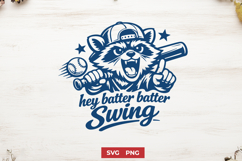 Hey Batter Batter Swing SVG - Funny Raccoon Baseball PNG Product Image 1