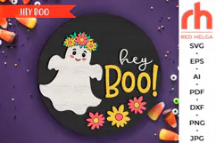 hey boo svg, cute ghost silhouette, happy halloween svg, layered door sign, halloween sign svg, floral hanging sign, laser cut file, spooky flower hanger svg, fall welcome sign svg, halloween scene, glowforge cut file, cricut cut file
