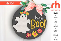 hey boo svg, cute ghost silhouette, happy halloween svg, layered door sign, halloween sign svg, floral hanging sign, laser cut file, spooky flower hanger svg, fall welcome sign svg, halloween scene, glowforge cut file, cricut cut file